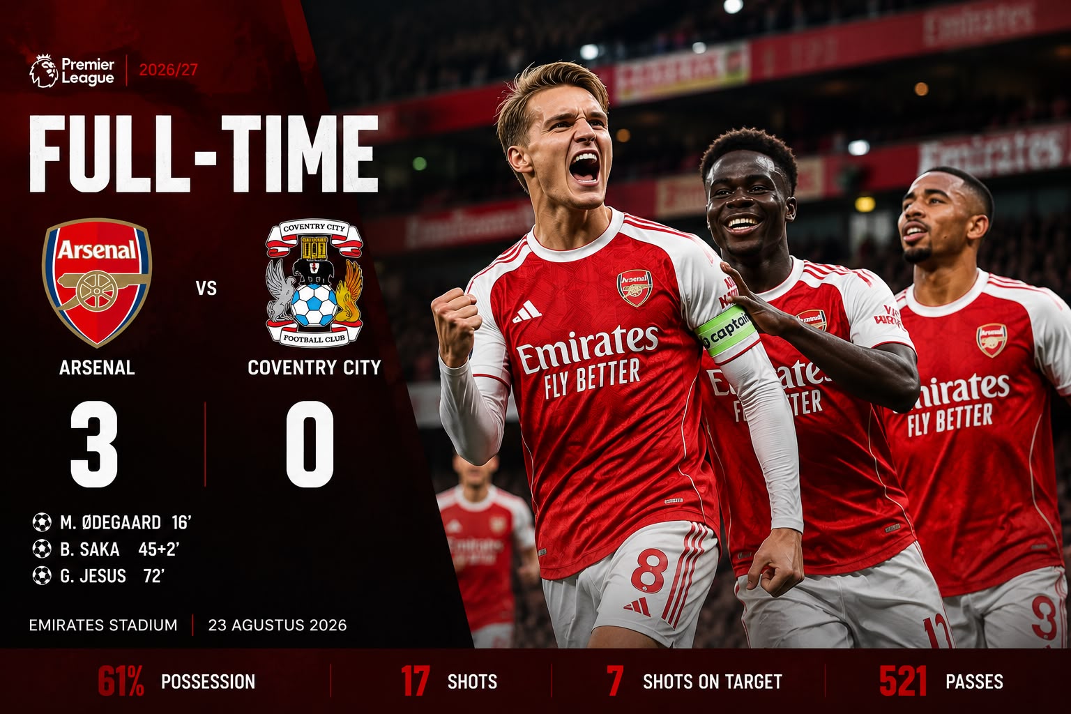 ARSENAL HAJAR COVENTRY 3 - 0 DI LAGA PEMBUKA PREMIER LEAGUE