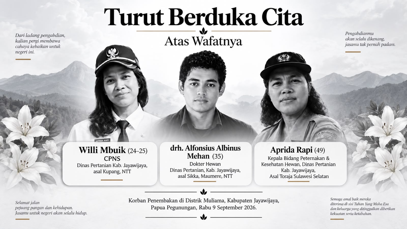 TIGA PEGAWAI DINAS PERTANIAN JAYAWIJAYA TEWAS DITEMBAK, SATUNYA WARGA ASLI KUPANG